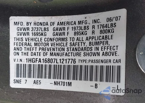 2007 Honda Civic Ex from USA, damaged, VIN 1HGFA16807L121776